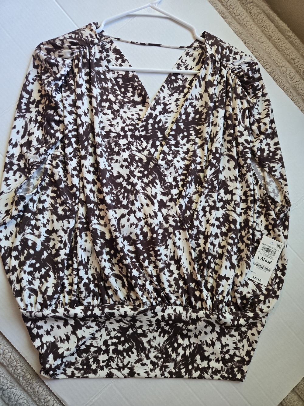 INC International Concepts Brown and Cream Abstract Wrap-Style Blouse